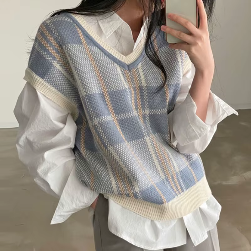 Vintage col en v Plaid Pull gilet femmes automne hiver