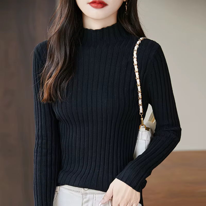 YTFidio 100% coton femmes cordon élastique demi-col haut rayé solide pull décontracté basique femme