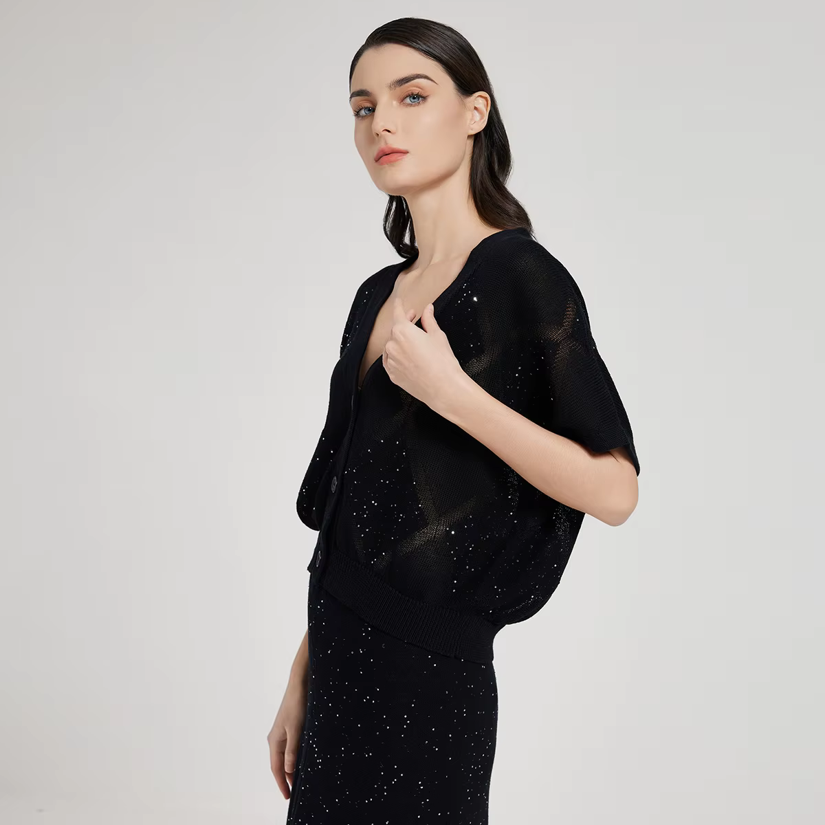 Cardigan en soie et lin à paillettes pour femme