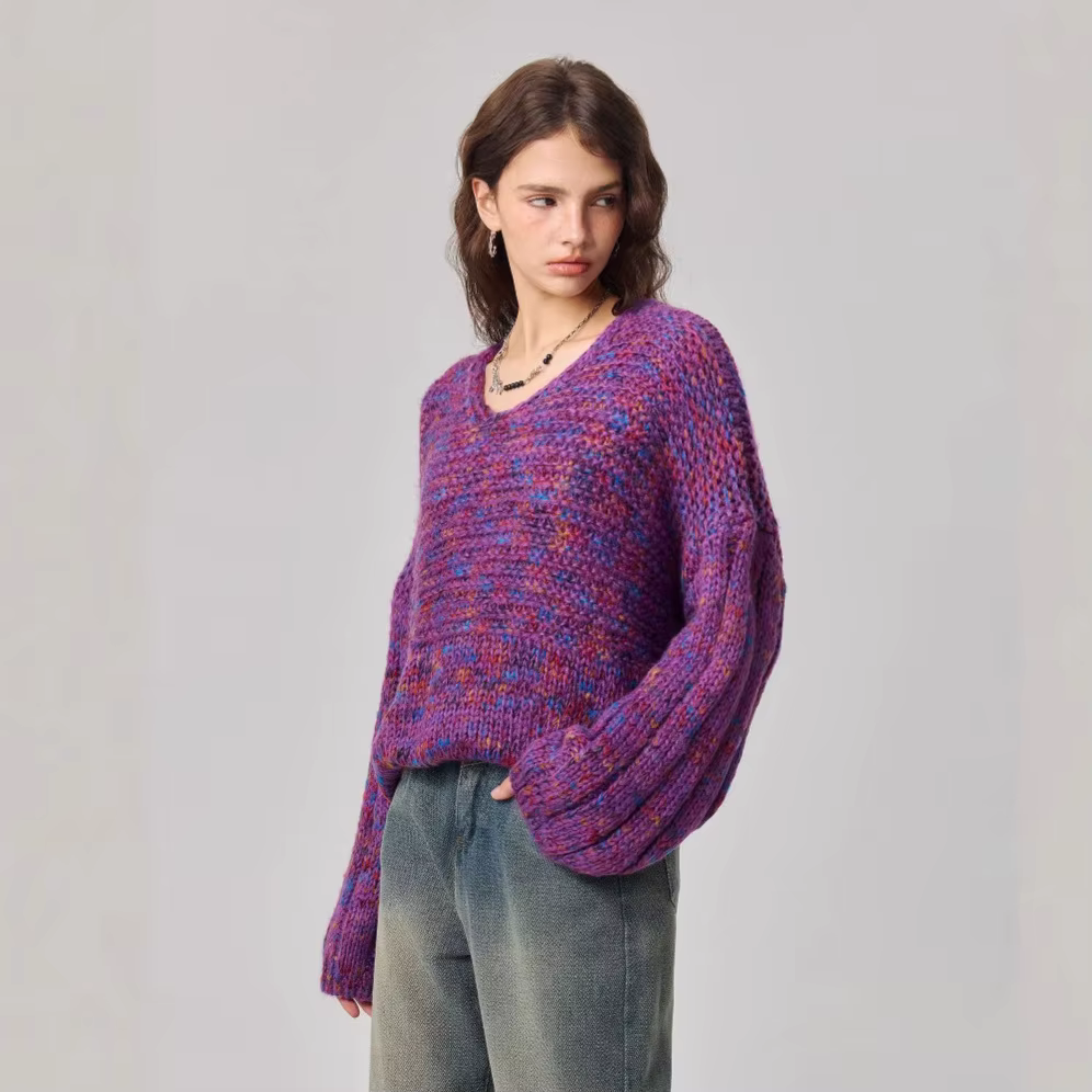 Nouvelle mode pull col en v à capuche couleur mixte pull tricoté