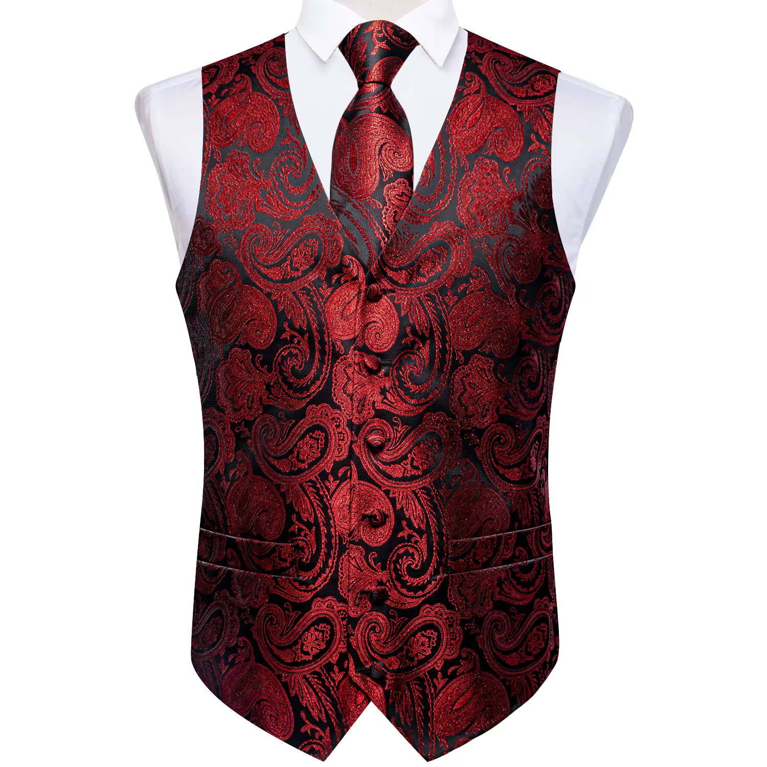 DiBanGu – costume Paisley en soie rouge pour hommes, gilet de luxe pour fête de mariage, cravate, boutons de manchette, smoking, Blazer masculin