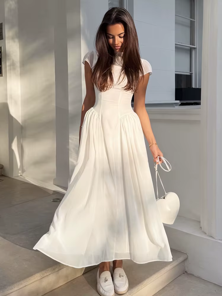 Robe longue moulante à col semi-montant pour femme, couleur unie, manches courtes, taille cintrée, coupe trapèze, élégante, nouvelle collection