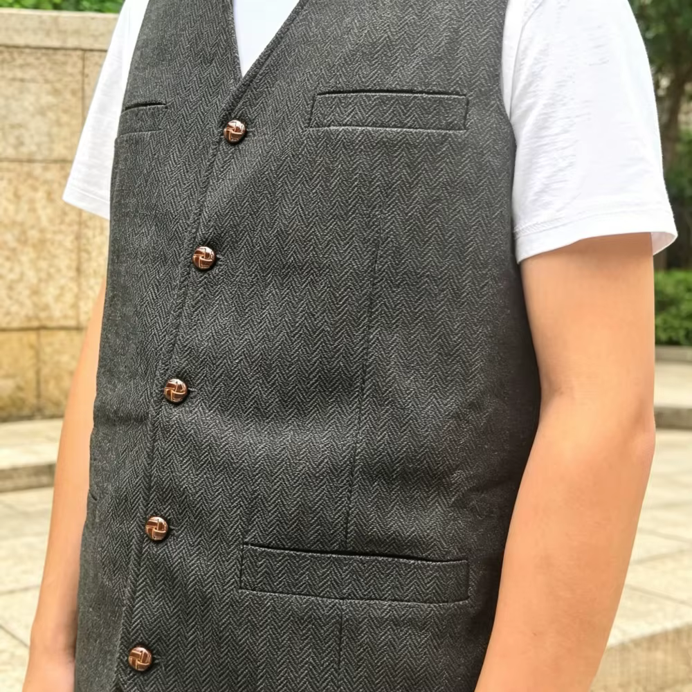 Gilet pour homme en tweed à chevrons, col en V, coupe ajustée, pour bal de promo, mariage, garçons d'honneur