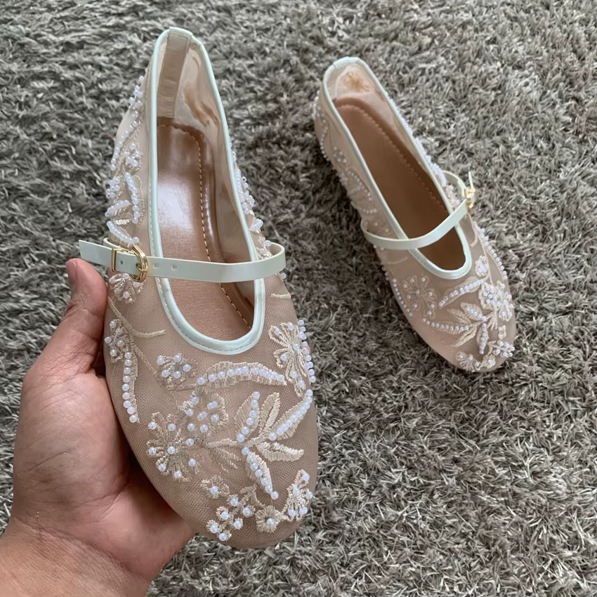 Maille broderie chaîne perle conception femmes ballerines mode boucle respirant Mary Jane chaussure confort talon bas doux plat sandale