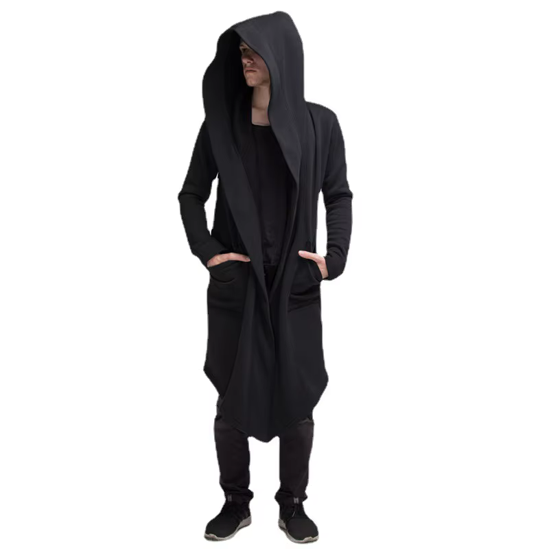 Cardigan long à capuche pour homme avec manches longues et ouverture frontale, cape longue légère, veste coupe-vent et imperméable pour homme