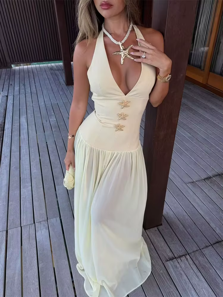 HH 2025 été licou cou robe pour les femmes mode nouveau solide serré longues robes femme Vintage élégant femme robe robes