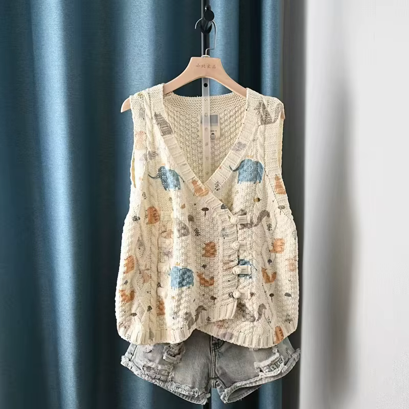 Pull à col en V imprimé frais de style pastChevrétro