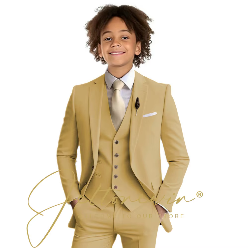 Costume formel Beige pour garçon, ensemble 3 pièces pour mariage, bal, dîner, uniforme pour enfants, Tuxedos personnalisé, Blazer, gilet, pantalon