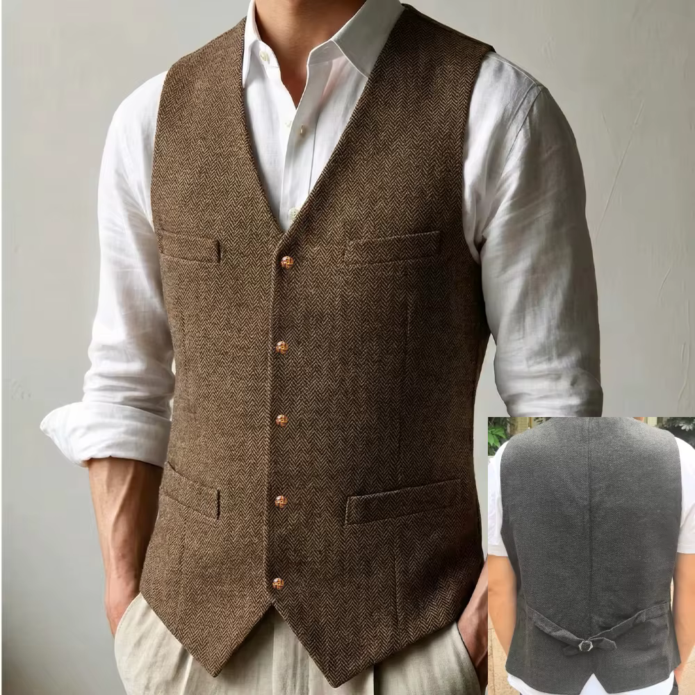 Gilet pour homme en tweed à chevrons, col en V, coupe ajustée, pour bal de promo, mariage, garçons d'honneur