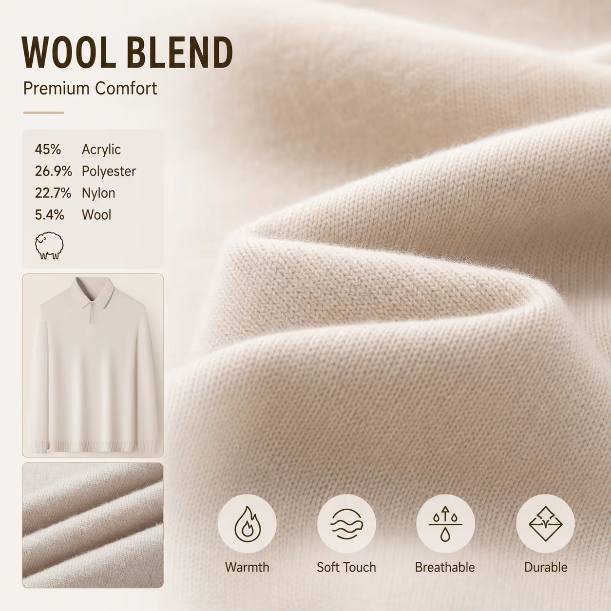 Pull en laine mélangée pour homme, tricot épais et chaud, anti-boulochage, toucher doux, manches longues, automne-hiver
