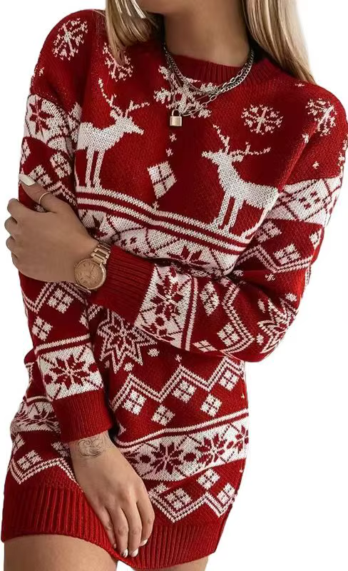 Pull En Maille Femme Damen Kleidungautomne et hiver thème de noël imprimé mi-long femmes à la mode polyvalent