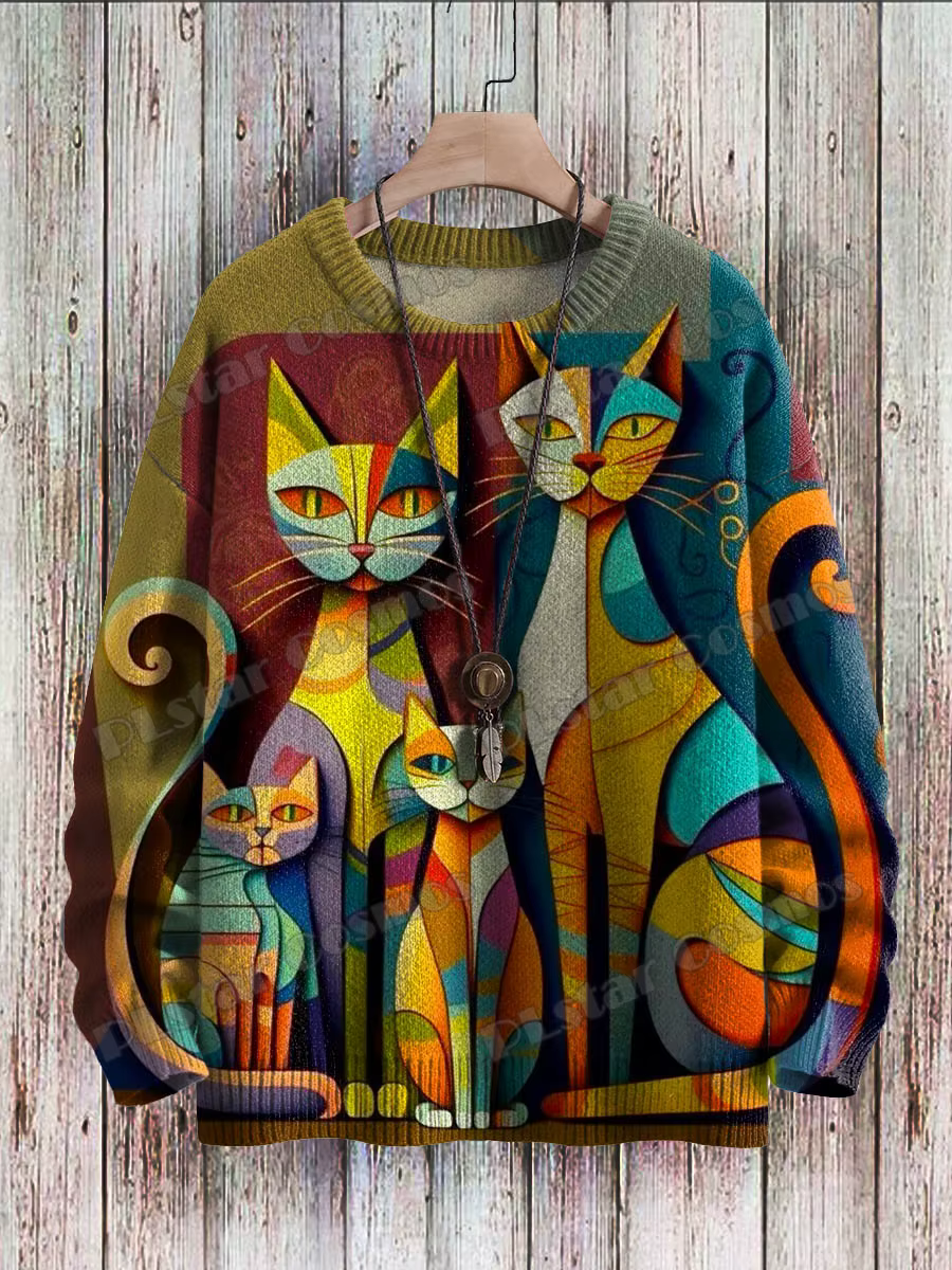Pull en tricot multicolore pour hommes, motif de chat d'art géométrique abstrait, pull unisexe décontracté, impression 3D, hiver, ZZM101