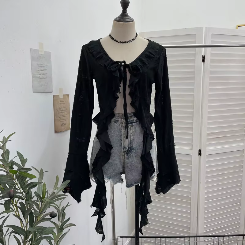 ISAROSE Wasteland Style Cardigan pour femmes Punk printemps automne couleur unie évasé manches longues avant à lacets à volants déchiré hauts