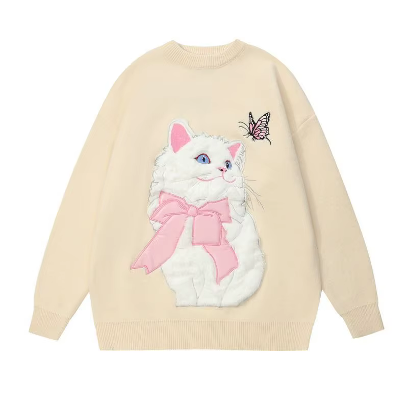 Doux fille femmes dessin animé pull mignon flocage chat à manches longues col rond haut tricoté automne hiver nouveau tricoté sweat surdimensionné