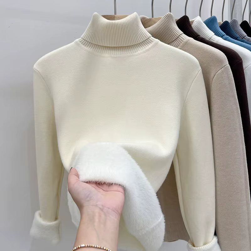 2024 col roulé hiver pull femmes élégant épaissir velours doublé chaud Sueter tricoté
