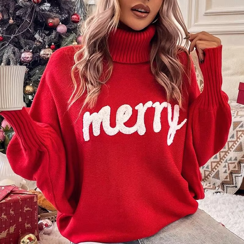 Pull à col roulé féminin élégant avec lettres joyeuses pour femmes automne hiver tricot polyvalent et confortable pour les occasions festives et quotidiennes
