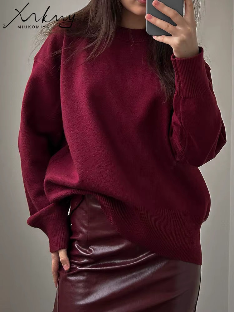 MiuKoMiYa femmes hiver surdimensionné pull bordeaux col rond Vintage pulls en vrac chandails de noël
