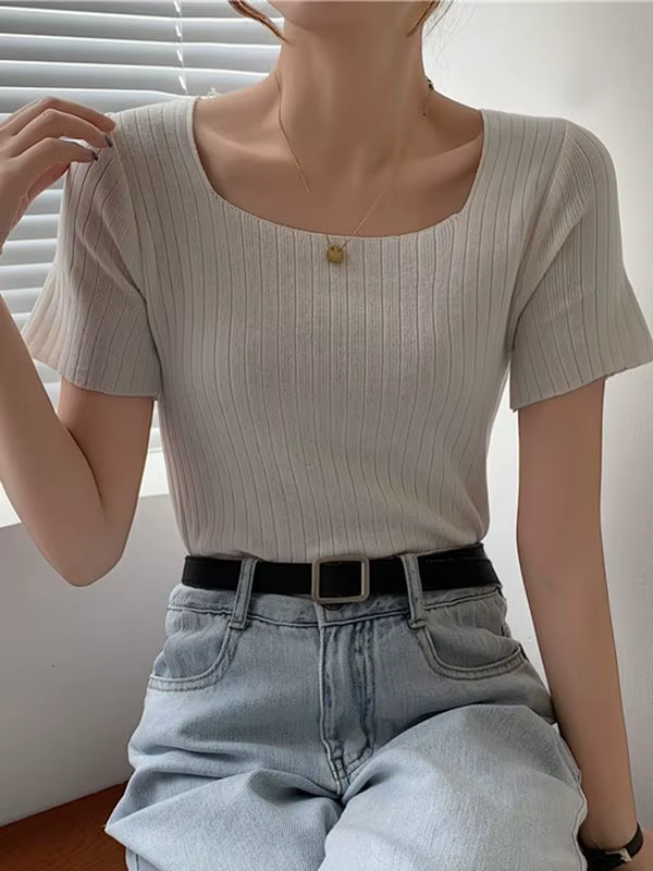 Pull en tricot à manches courtes pour femmes, pull coréen, blanc basique, été