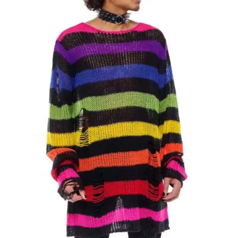 Nouveau violet rayé gothique chandails femmes déchiré trous lâche tricoté pull effiloché fée Grunge pulls Emo Streetwear Lolita