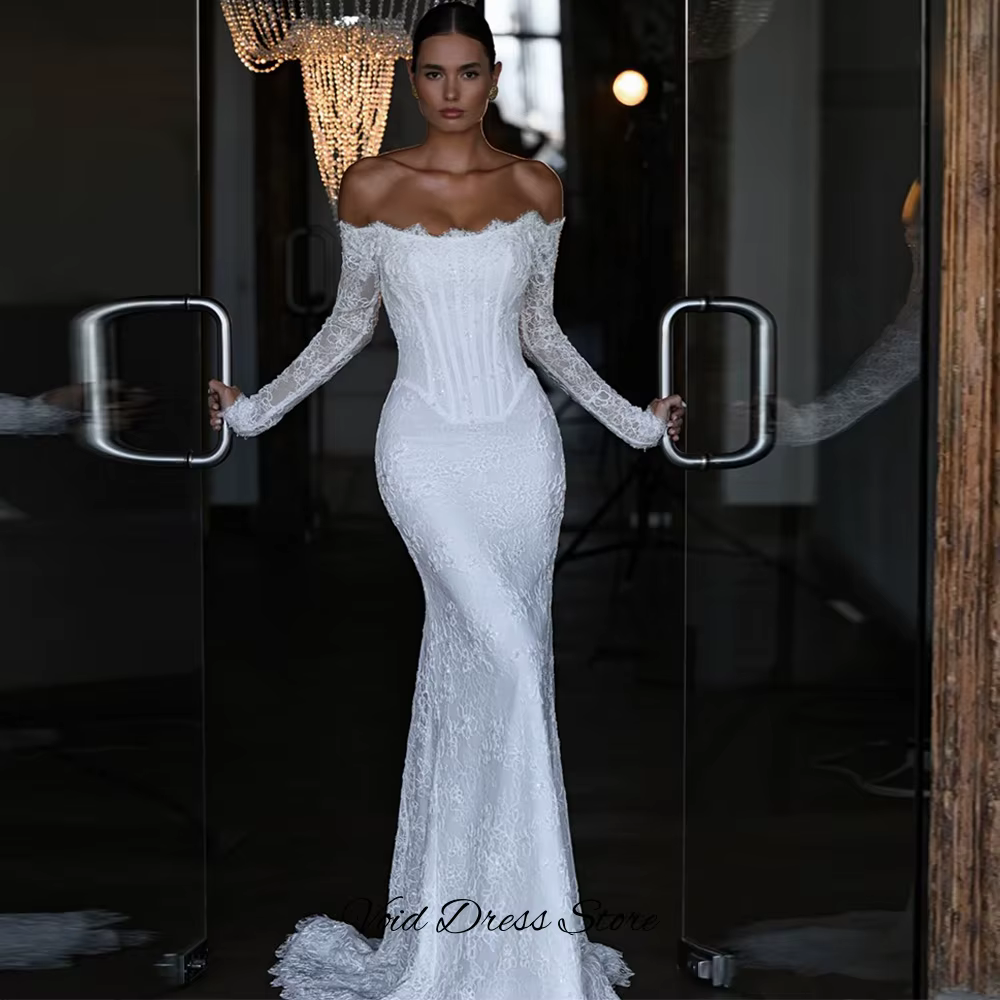 Robe de mariée à manches longues et col bateau, avec appliques en dentelle, robe de mariée sirène personnalisée avec dos à lacets