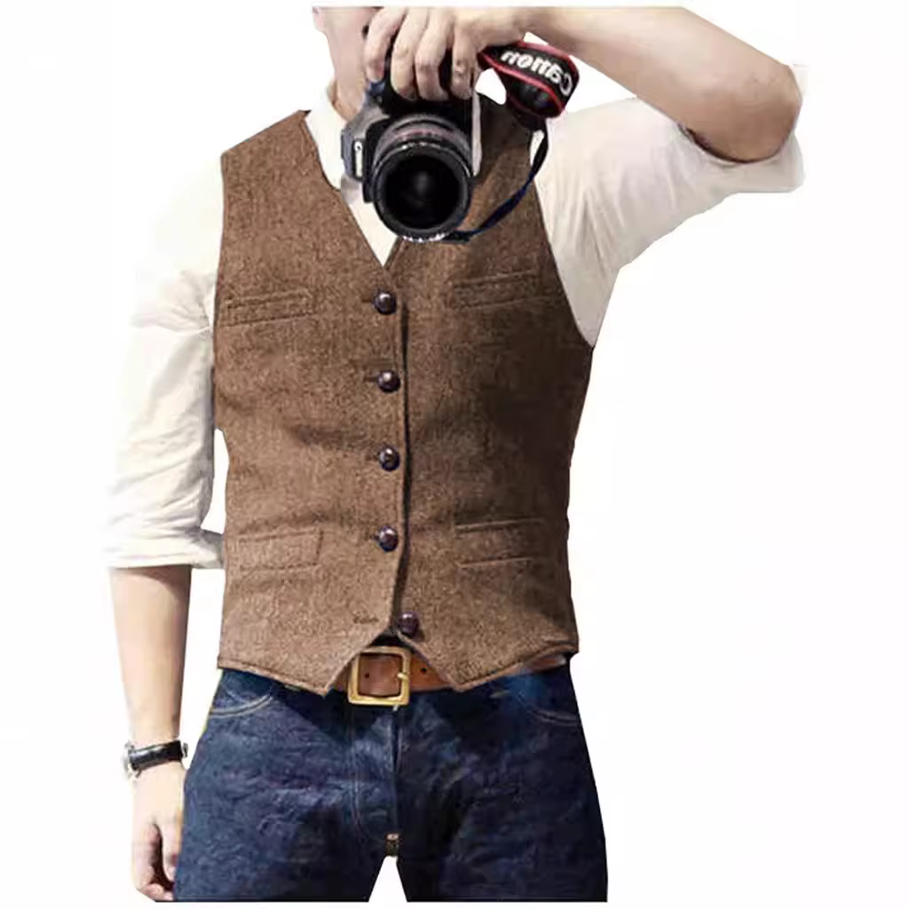 Gilet de costume pour hommes, col en V, décontracté, classique, formel, Business, en Tweed à chevrons, Slim Fit, pour garçons d'honneur de mariage