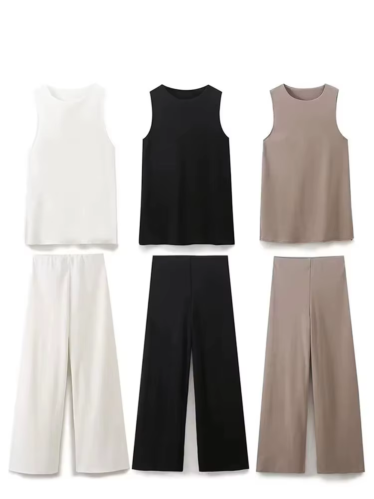 HH 2025 été femmes gilet pantalon ensembles col rond sans manches T-Shirt taille élastique pantalon ample décontracté femme Vintage solide costume