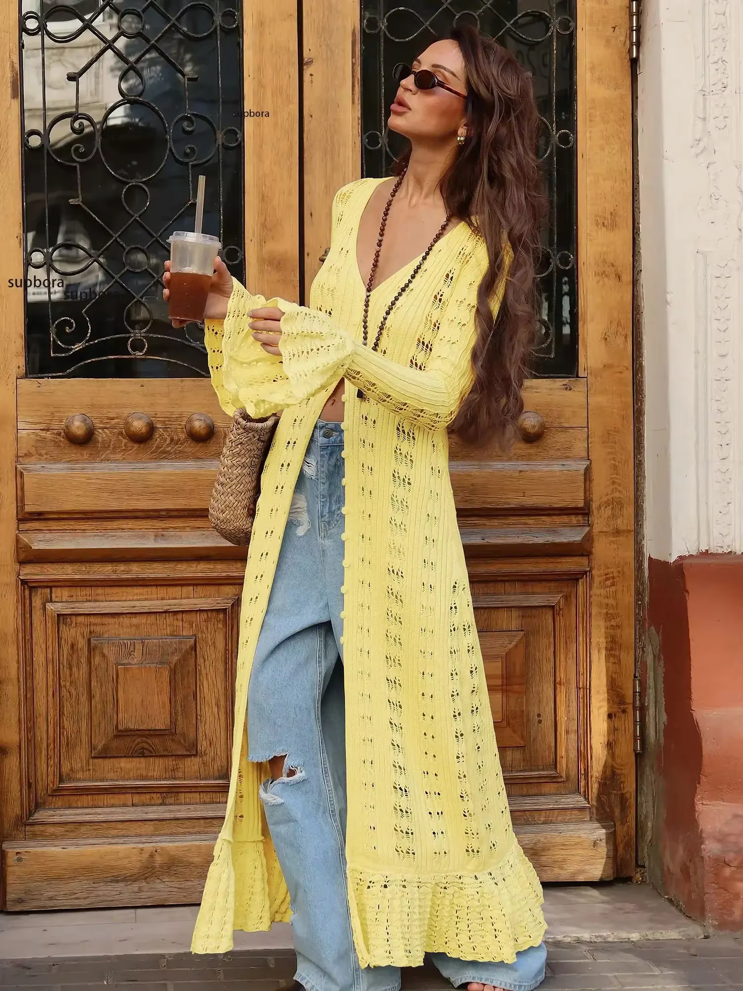 Robe longue pull à boutonnage creux pour femmes