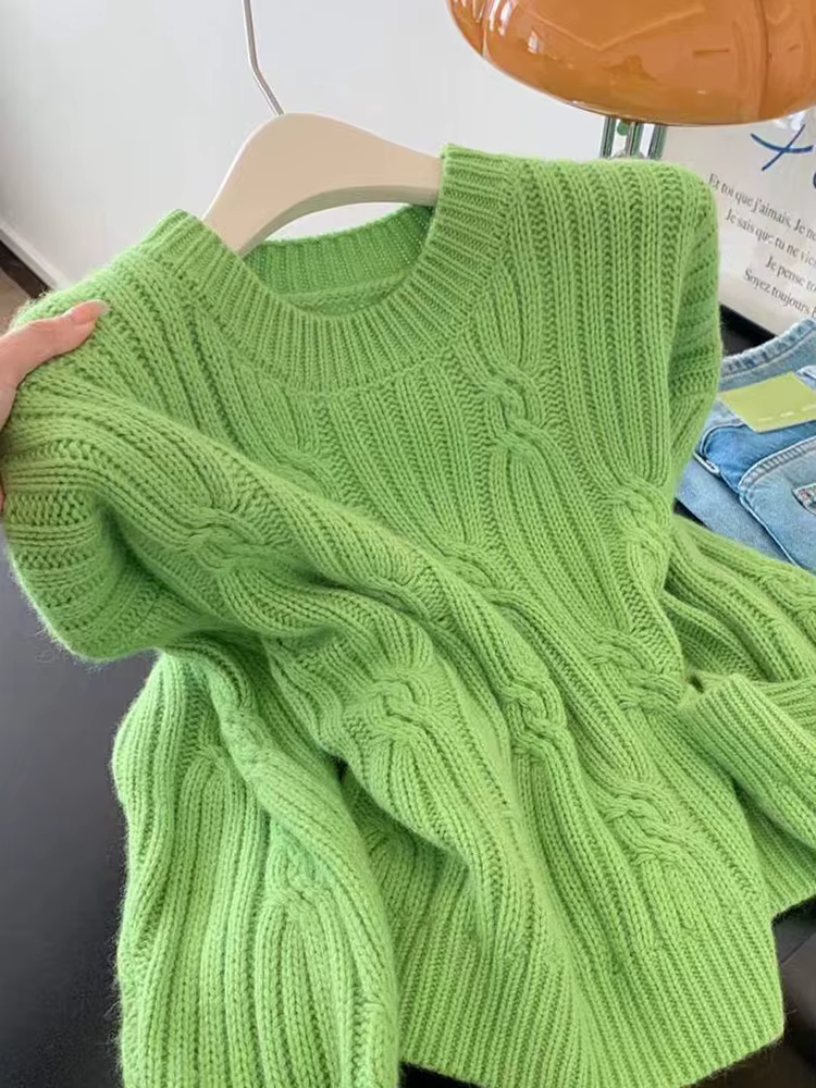 Pulls Verts Doux pour Femmes – Col Rond Tendance, Style Décontracté, Tricot Mignon, Coupe Ample, Style Preppy, Manches Longues, Automne Hiver