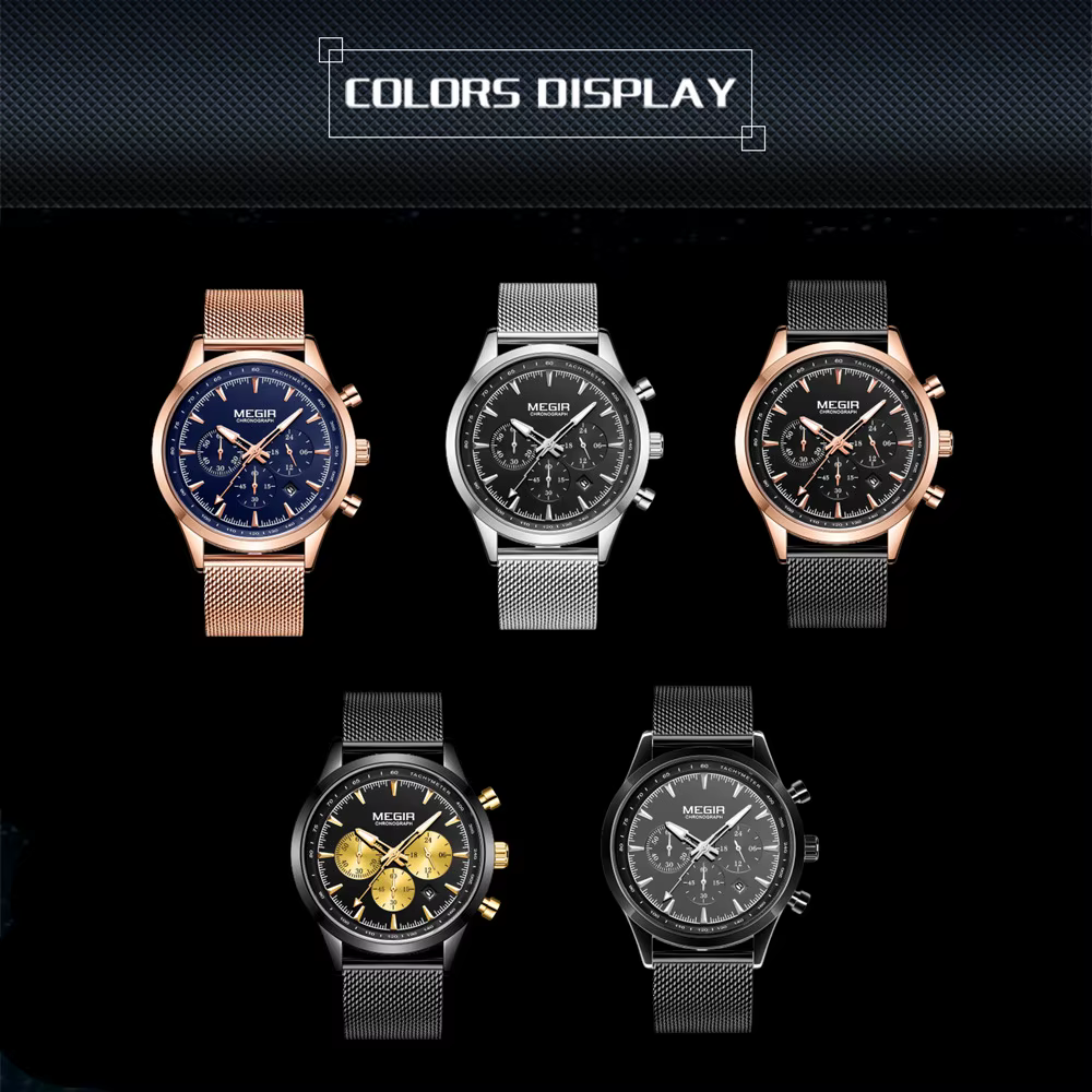 Montre chronographe sport pour homme MEGIR, mouvement à quartz, bracelet en acier maille, étanche, calendrier, montre-bracelet décontractée pour hommes, Reloj