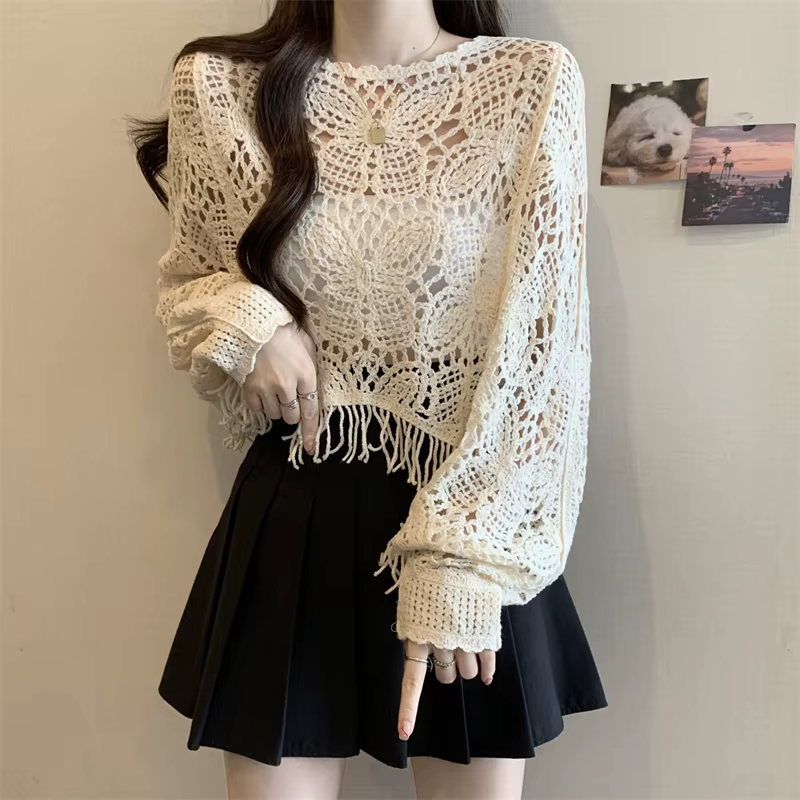 Poncho court en tricot à franges avec manches chauve-souris pour femmes