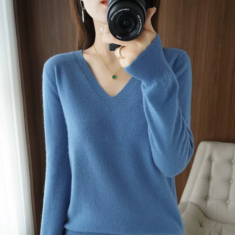 Pull en acrylique et cachemire à col en V pour femme avec dentelle, décontracté, manches longues, pour automne et hiver, occasionnels et spéciaux
