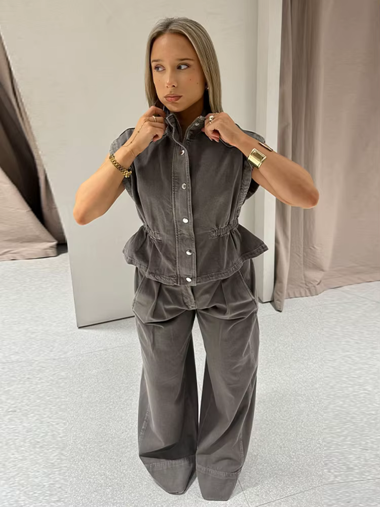 Ensembles de pantalons pour femmes en denim, avec gilet sans manches à col roulé et pantalon large taille haute, tenues chics pour femme, nouveauté pour les soirées
