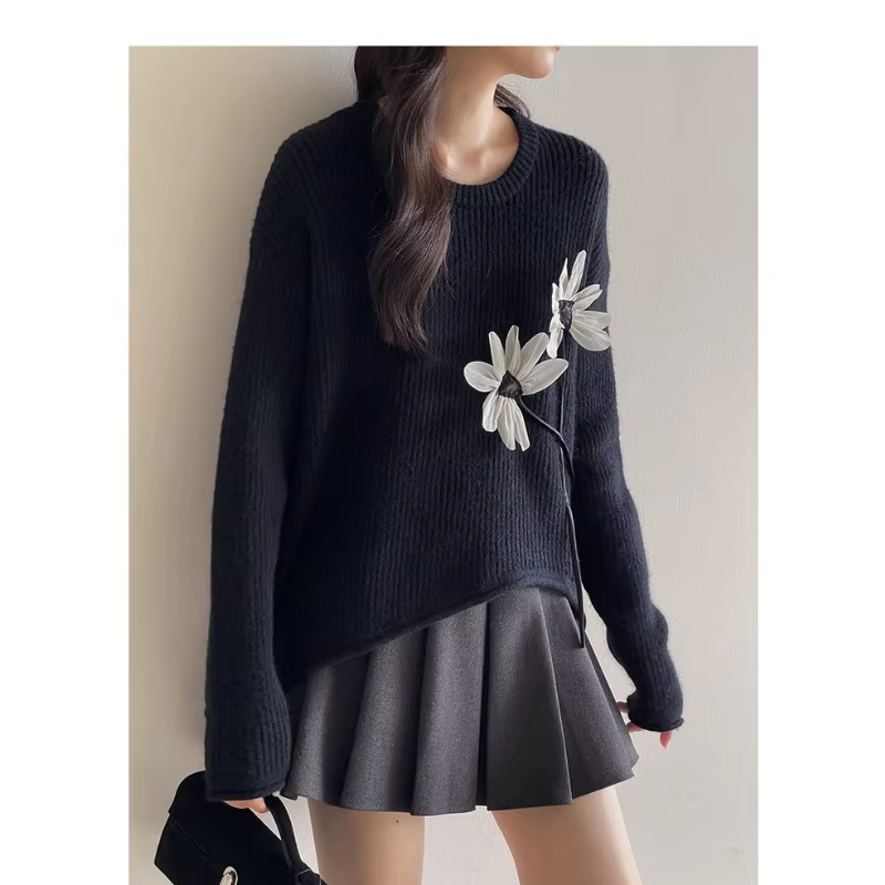 Pull rétro à fleurs tridimensionnelles pour femmes