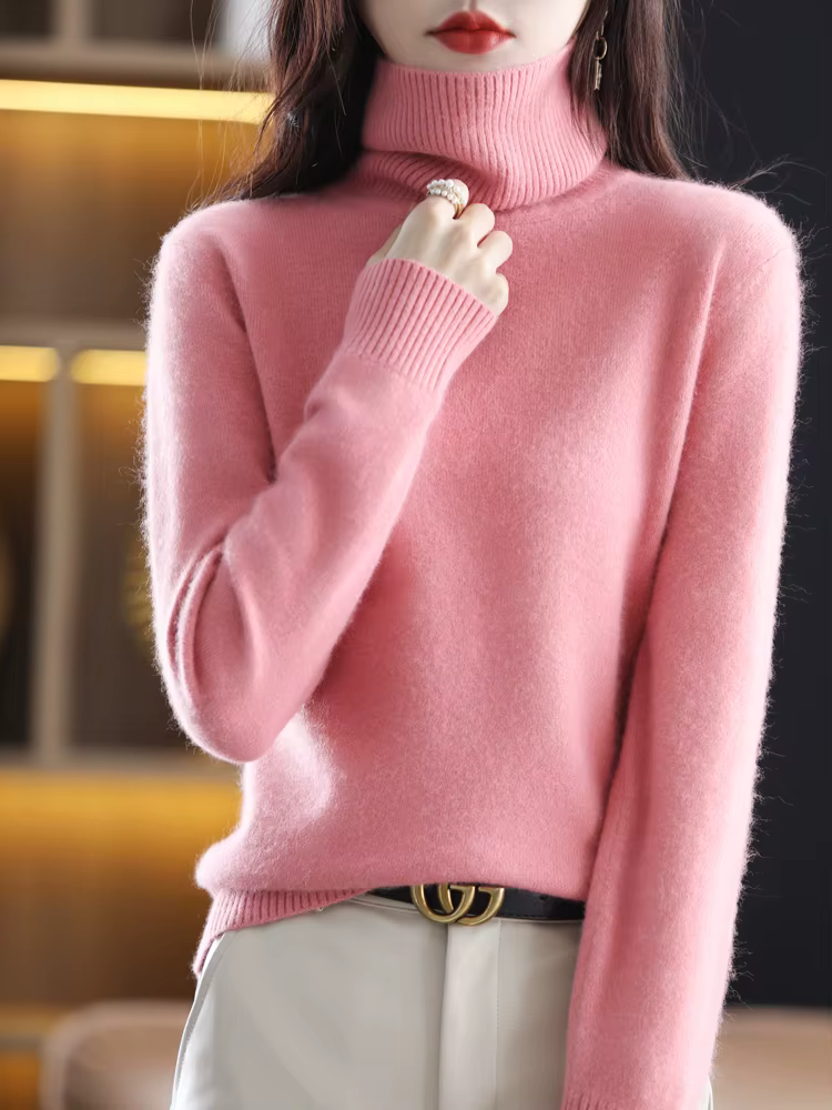 LHZSYY hiver femmes pull solide 100% vison cachemire col roulé tricoté pulls mince doux chaud femme à manches longues 23 couleurs