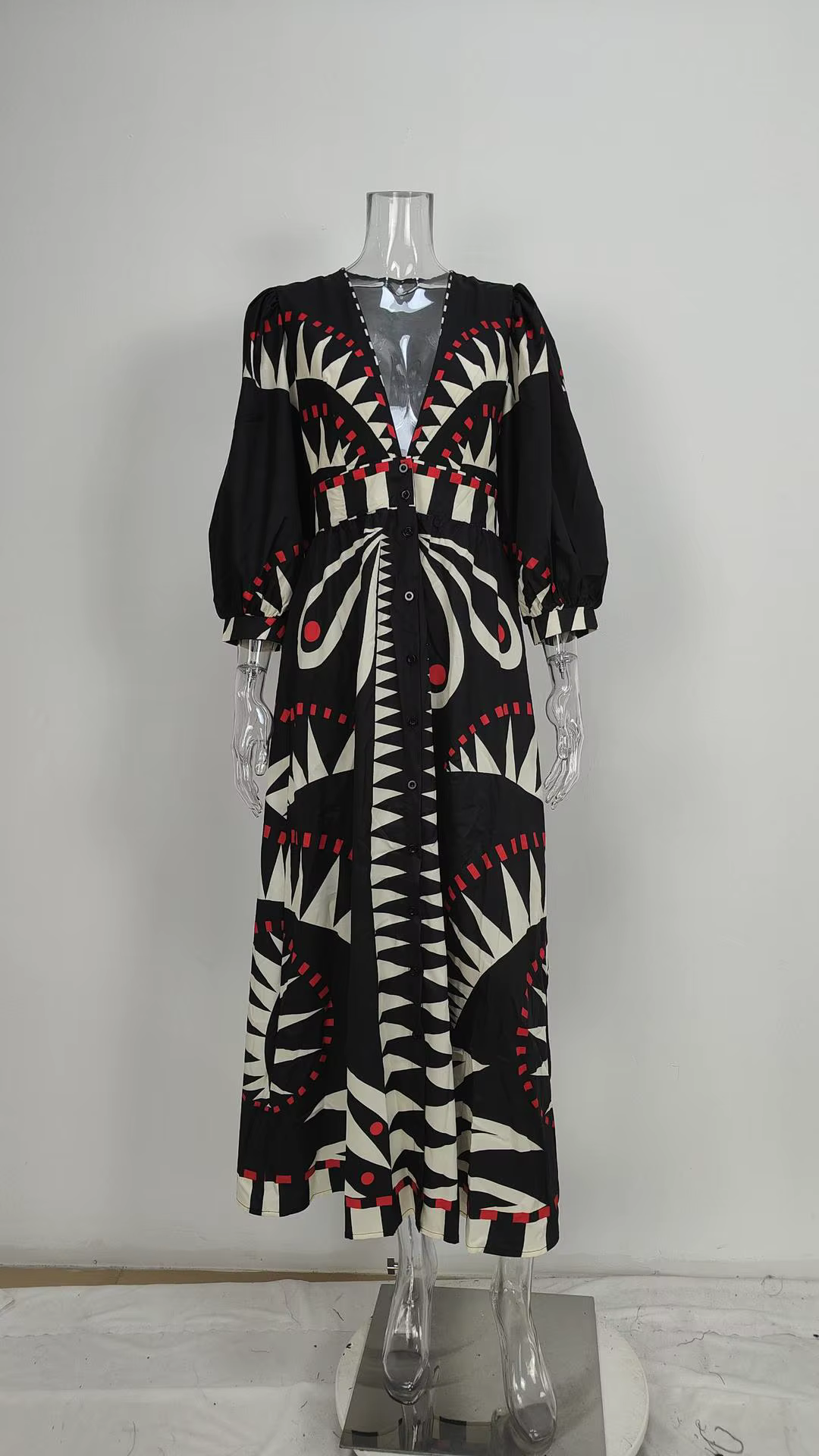 Robes imprimées noires à col en v, manches lanternes, mode dame, taille haute, longues, classiques, nouvelles tenues de vocation féminines, 2025