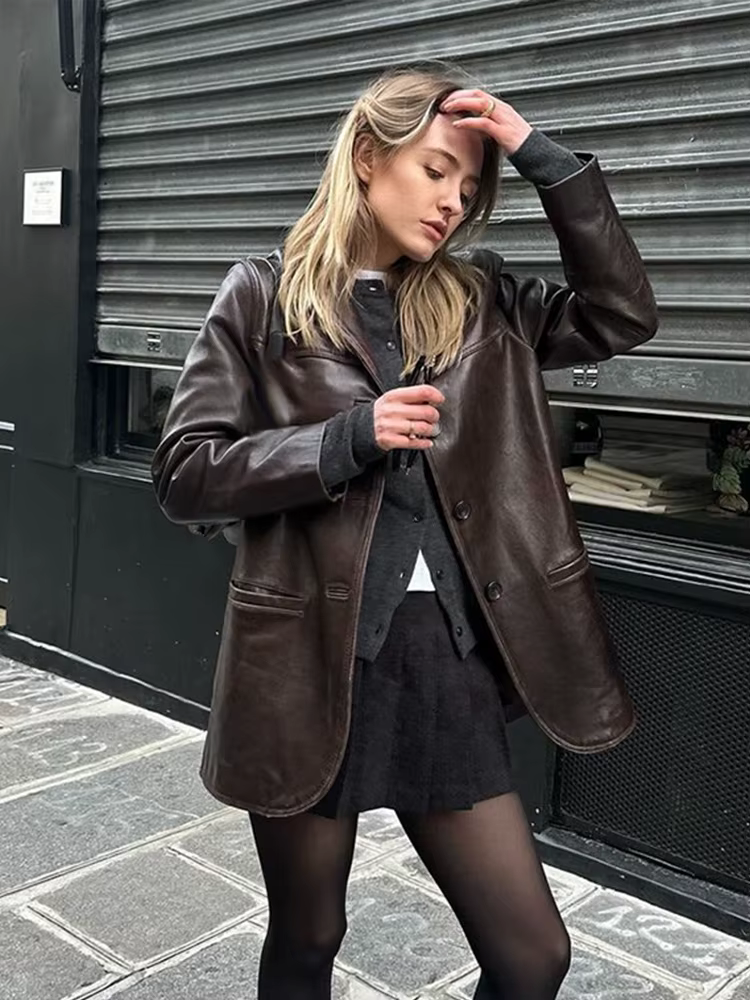Veste en cuir PU marron vintage pour femme