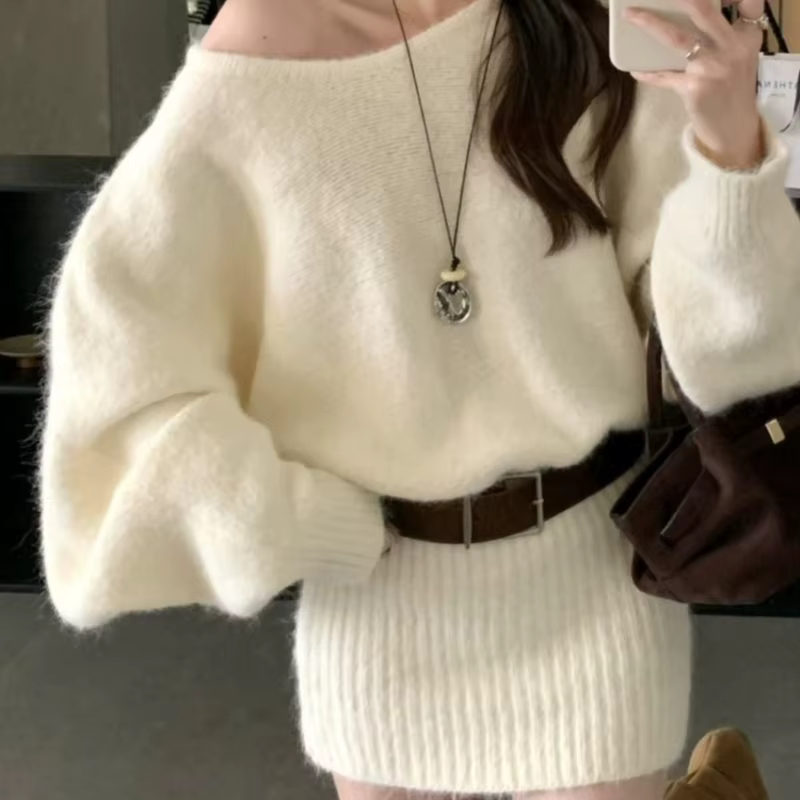 Robe pull française à épaules dénudées pour femmes