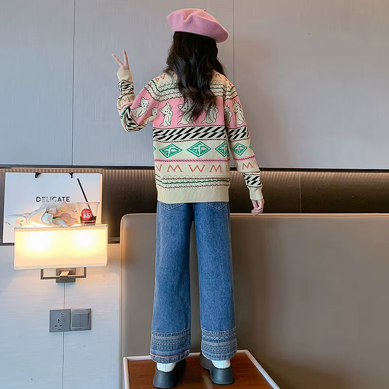 Pull cardigan de dessin animé vintage pour enfants, tricots classiques et rétro, vêtements mignons pour adolescents, mode pour enfants, nouveau, printemps, chat