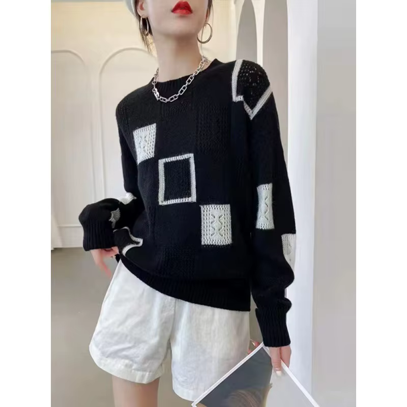 Vêtements pour femmes Vintage géométrique Patchwork tricoté pull décontracté Streetwear hauts pullover à manches longues T-Shirts sur mesure
