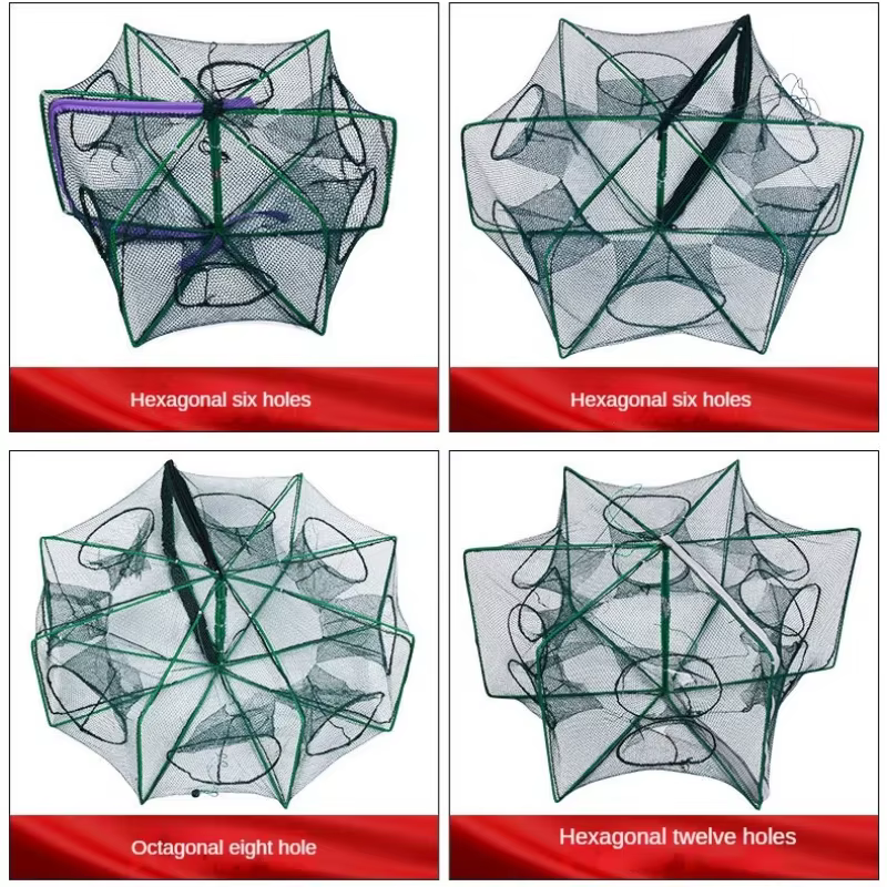 Nouveau filet de pêche pliable hexagonal/octogonal à 8 trous, filet de pêche à la main, filet de lancer, attrapeur d'écrevisses et de crevettes, outil de capture en cage/épuisette