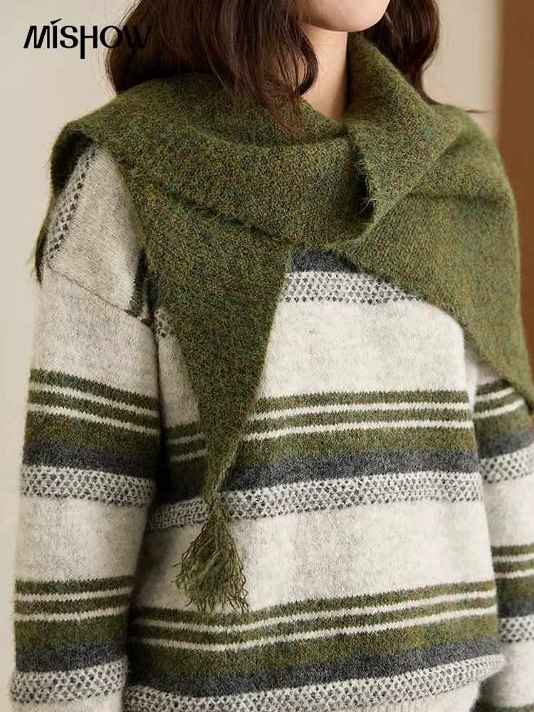 MISHOW femmes laine mélange rétro rayé pull avec écharpe ensemble 2025 hiver tricoté col rond chaud lâche chandails MXE94Z2987