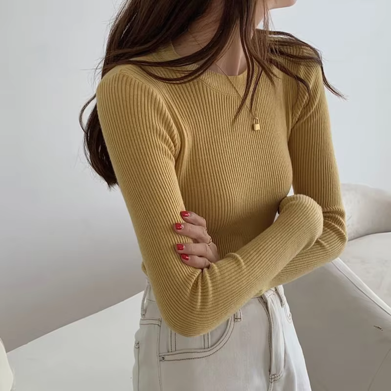Lucyever-Pull à manches longues et col rond pour femme