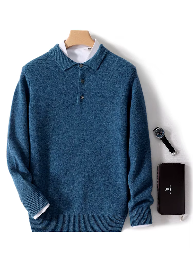 Pull à col POLO pour hommes, épais, manches longues, pulls d'affaires, 100% laine mérinos, chemise en tricot, vêtements de base, nouvelle collection automne hiver