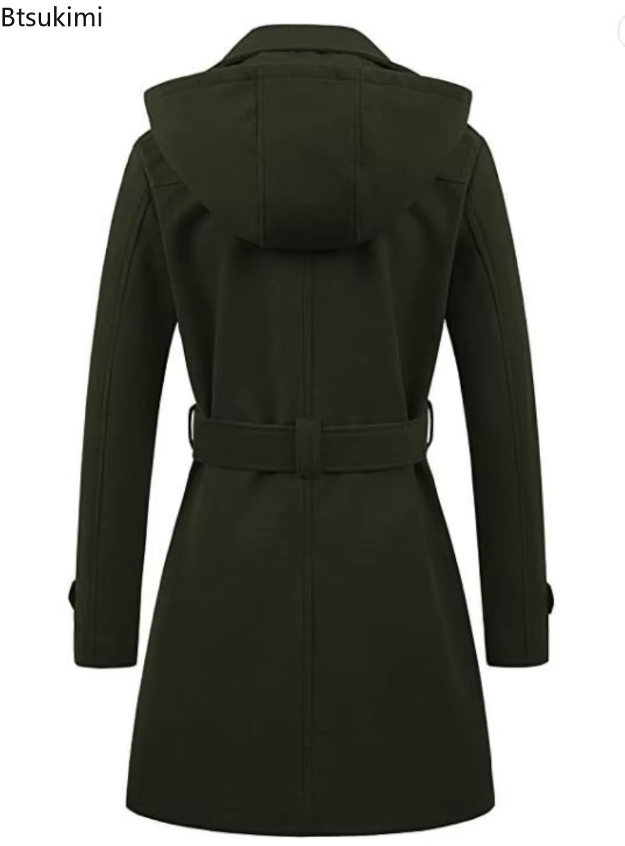 Vestes à capuche mi-longues pour femme, pardessus à Double boutonnage, revers en laine, col rabattu, veste chaude d'hiver, Streetwear