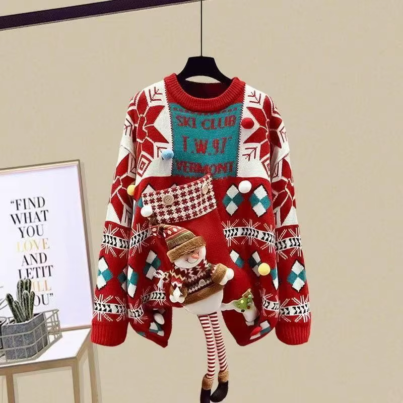 Pull de Noël pour femmes ample et épais rouge pour automne hiver 2025 confortable et élégant occassions spéciales