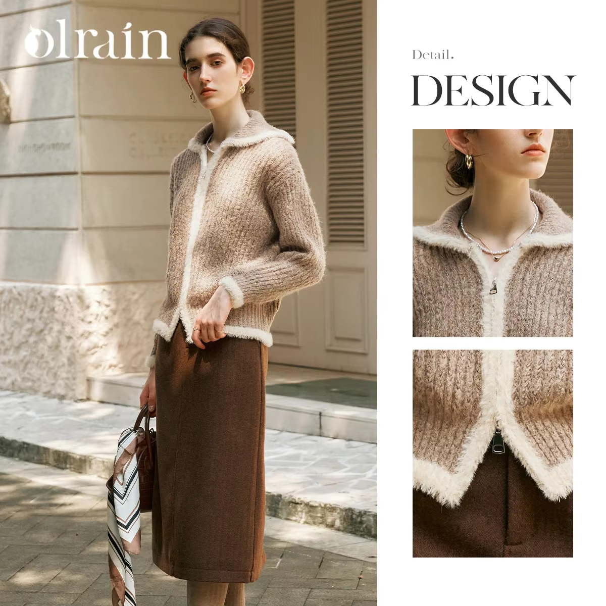 OLrain Cardigan Marron Style Français Femme 2026 Nouvelle Collection Automne Col Rabattu Manches Tombantes Tricot Zippé O56DM95269