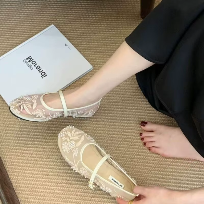 Ballerines pour femmes en maille brodée avec perles, design tendance, boucle, respirantes, style Mary Jane, confortables, talon bas, sandales plates souples