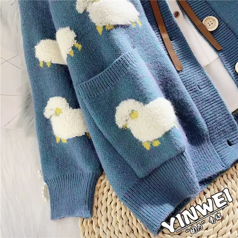 Bleu mouton dessin animé col en v à manches longues pull tricoté en vrac femmes Cardigan mode coréenne hiver épais
