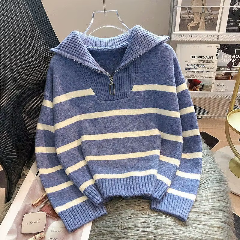 Pull acétate ample et décontracté avec fermeture éclair pour femmes, coupe rayée, automne et hiver