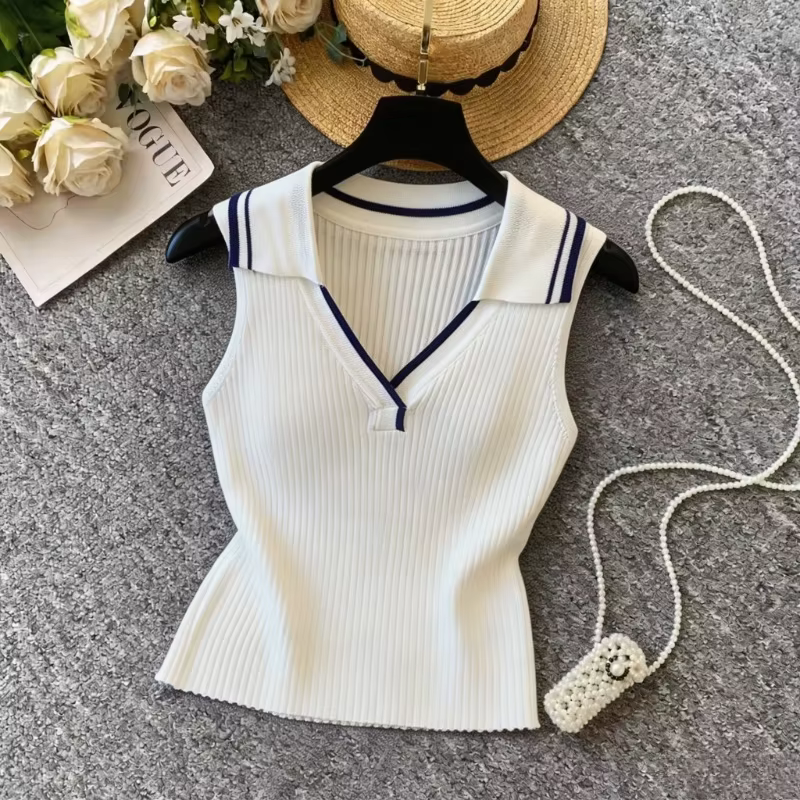 Gilet pull sans manches en maille côtelée extensible pour femme, col marin rayé bleu marine, col en V, décontracté, pour superposition